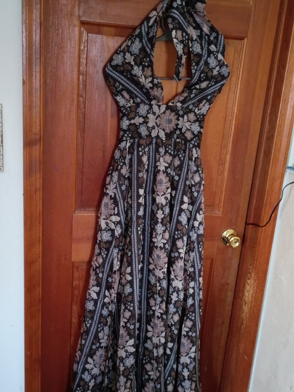 Hill House Floral Halter Maxi Dress in Black and Taupe